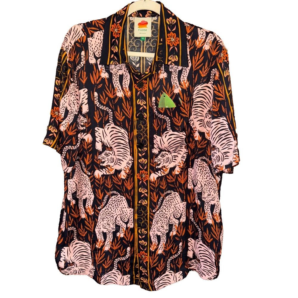 Farm Rio NWT Womens tiger XS Button Shirt Tropical Boho Resort Top tropical bold